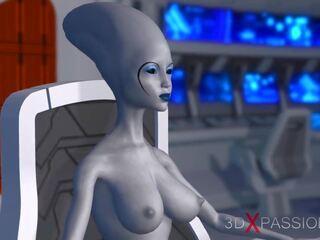 Sci-fi female alien plays with ireng prawan in space.