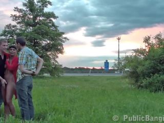 Adorable teen young lady PUBLIC threesome by a highway Part